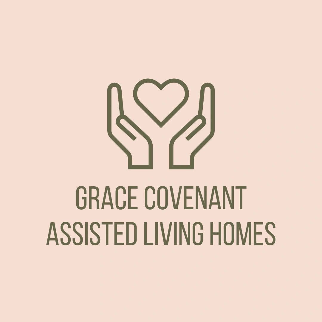 Logo for Grace Covenant Assisted Living Homes, featuring two hands holding a heart on a beige background.