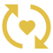 Two yellow circular arrows with a heart in the center on a black background.