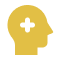 Yellow silhouette of a human head with a black plus sign inside, symbolizing positive thinking or mental health.
