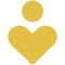 Yellow icon of a person with a heart-shaped body, on a black background.